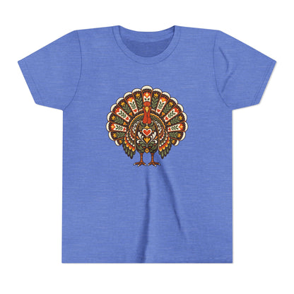 A heather blue short-sleeve t-shirt with a colorful, ornate turkey graphic printed on the chest, displayed against a solid white background.