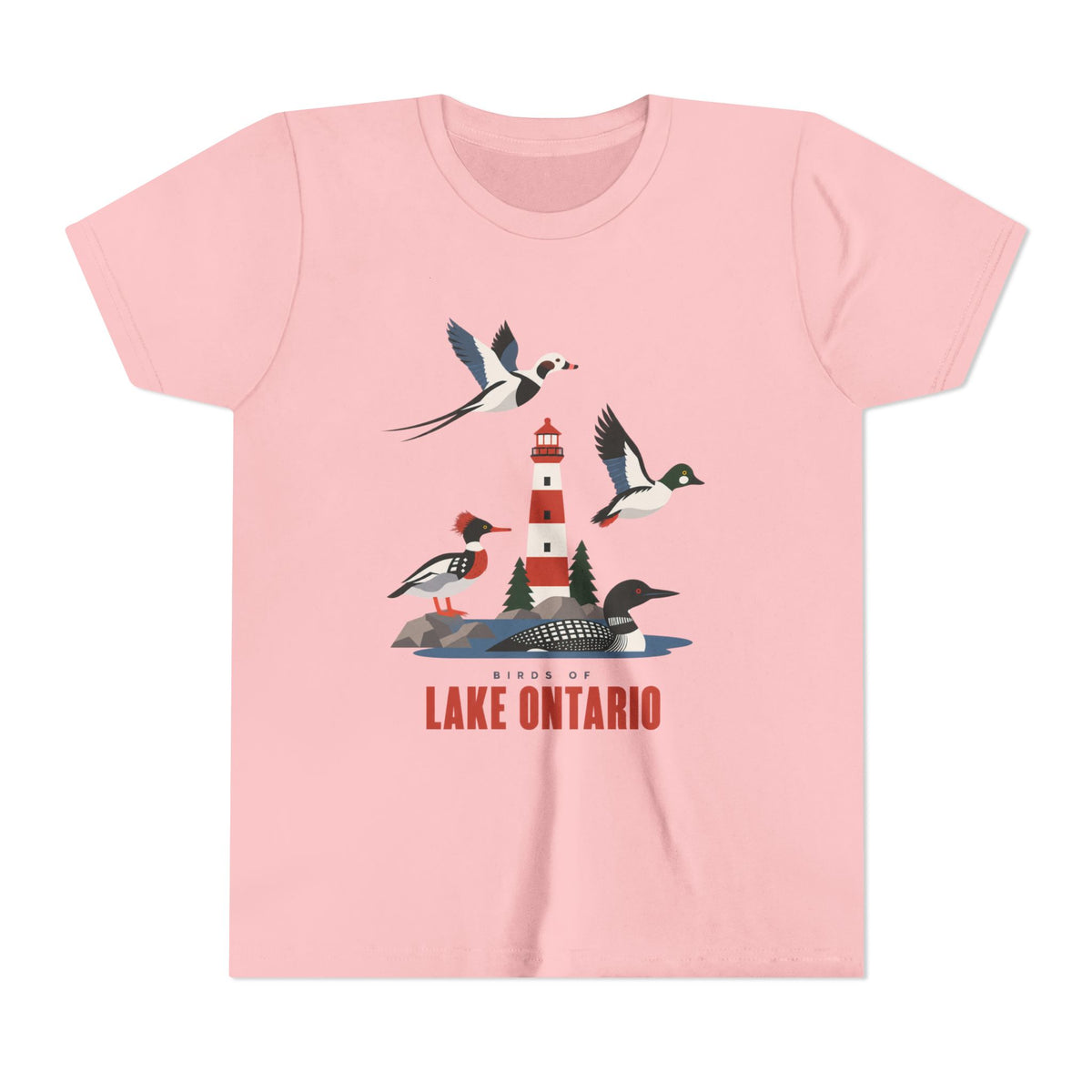 A light pink short-sleeve crewneck t-shirt featuring a graphic print of birds, a lighthouse, and the text 'BEYOND LAKE ONTARIO' on the front, displayed against a solid white background.