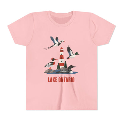 A light pink short-sleeve crewneck t-shirt featuring a graphic print of birds, a lighthouse, and the text 'BEYOND LAKE ONTARIO' on the front, displayed against a solid white background.