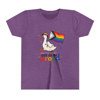 Purple t-shirt with a goose holding a rainbow flag and text 'off to be proud' on a white background