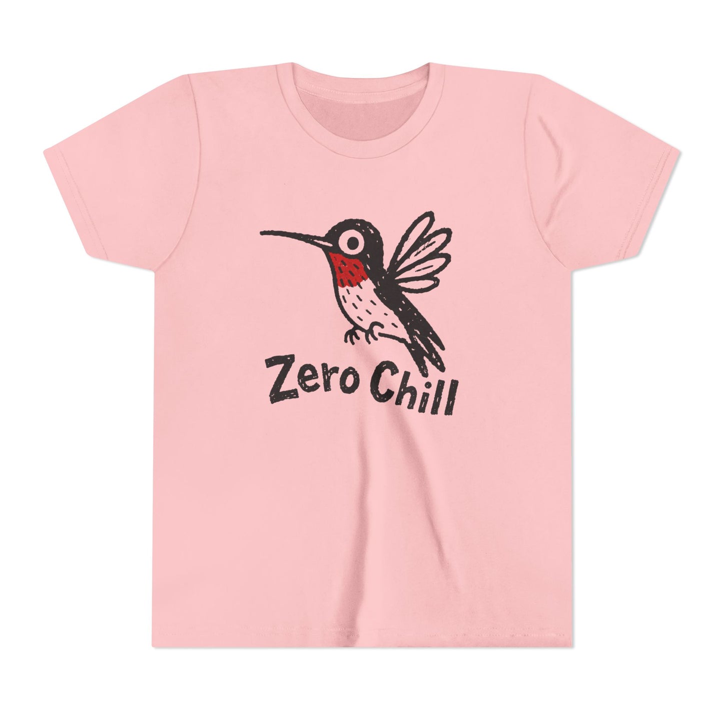 Pink t-shirt with a hummingbird graphic and 'Zero Chill' text on a white background