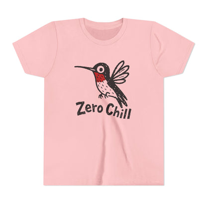 Pink t-shirt with a hummingbird graphic and 'Zero Chill' text on a white background
