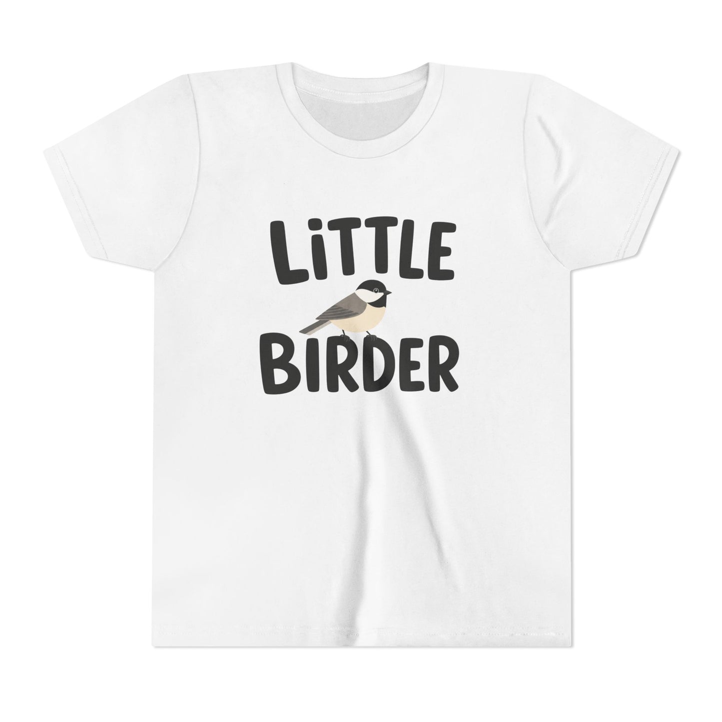 White t-shirt with 'Little Birder' text and a bird illustration on a white background
