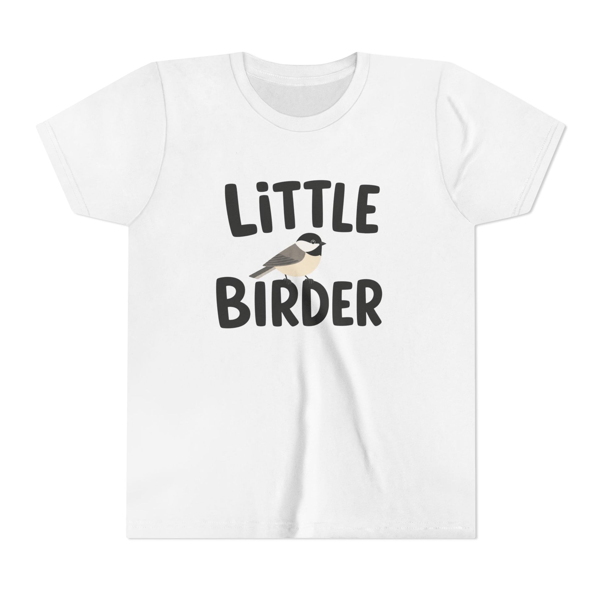 White t-shirt with 'Little Birder' text and a bird illustration on a white background