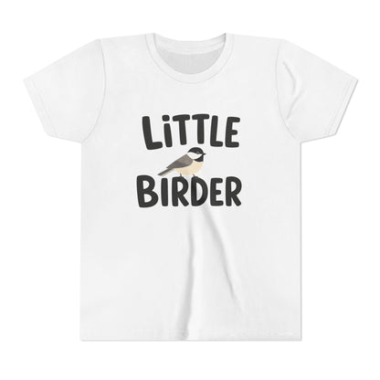 White t-shirt with 'Little Birder' text and a bird illustration on a white background