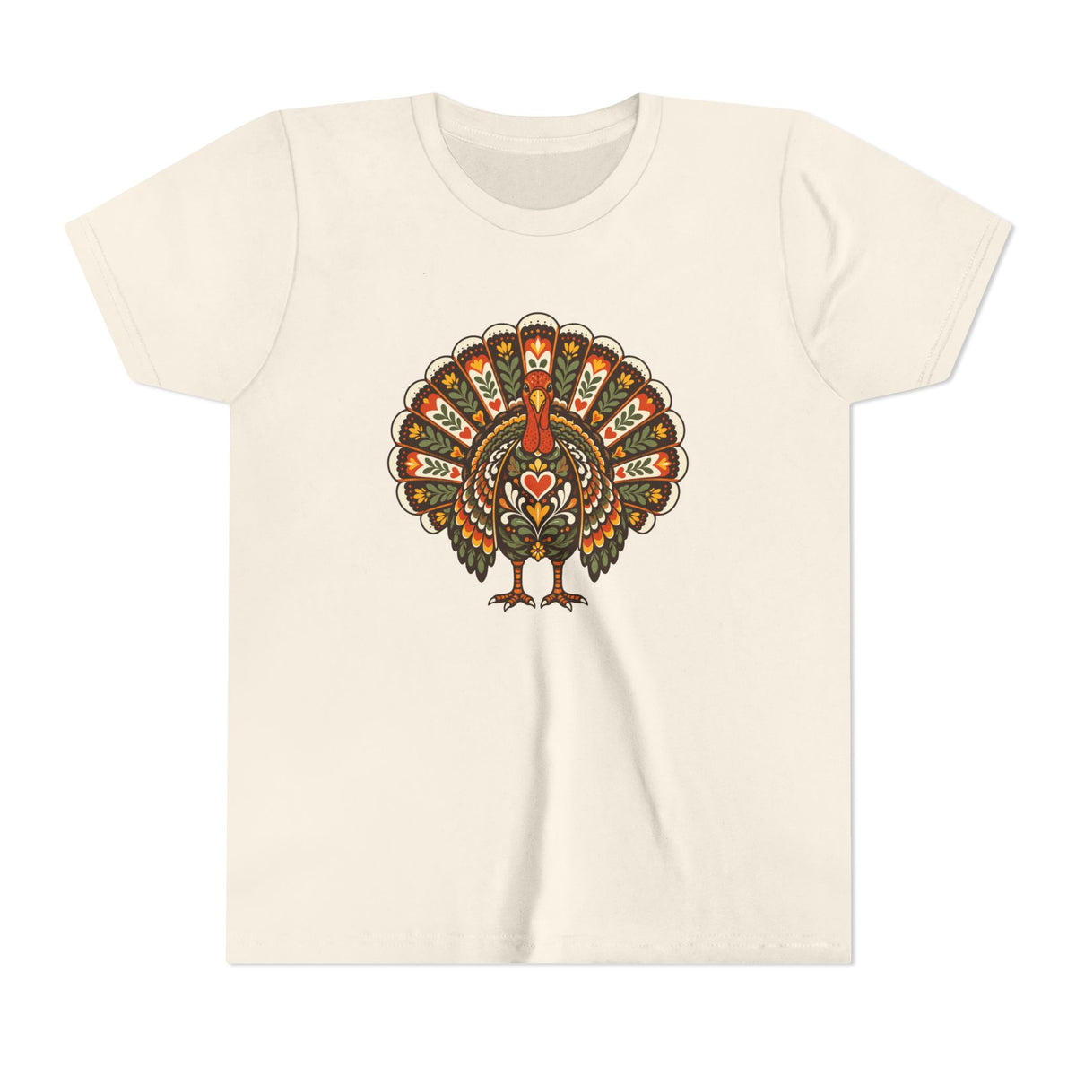 An off-white short-sleeve t-shirt with a central graphic of a stylized, patterned turkey in earthy tones of orange, green, and brown, displayed on a clean white background.