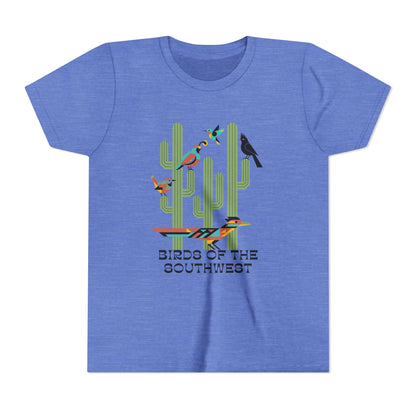 Blue t-shirt with a graphic of cacti and birds on a white background