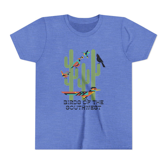 Blue t-shirt with a graphic of cacti and birds on a white background