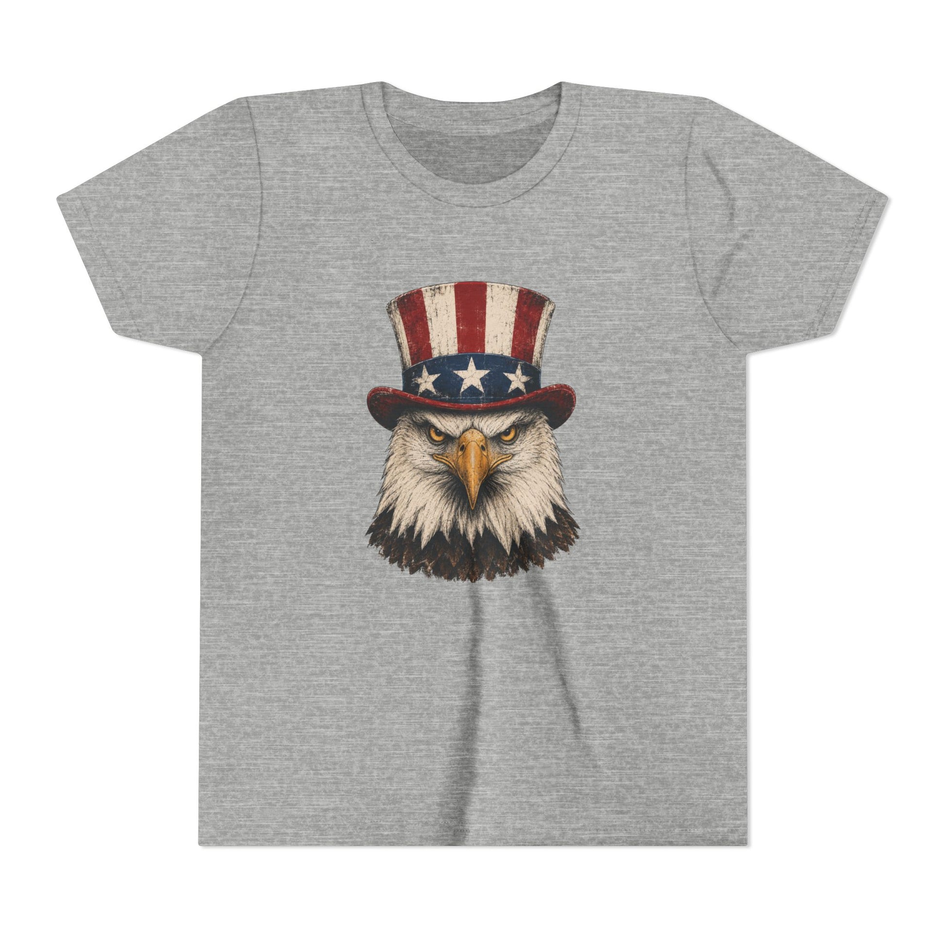 Gray t-shirt with an eagle wearing a top hat with American flag design on a white background