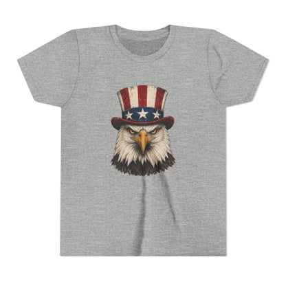 Gray t-shirt with an eagle wearing a top hat with American flag design on a white background