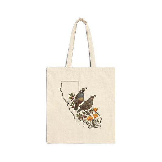 Tote bag with California-themed design featuring two birds and flowers on a white background