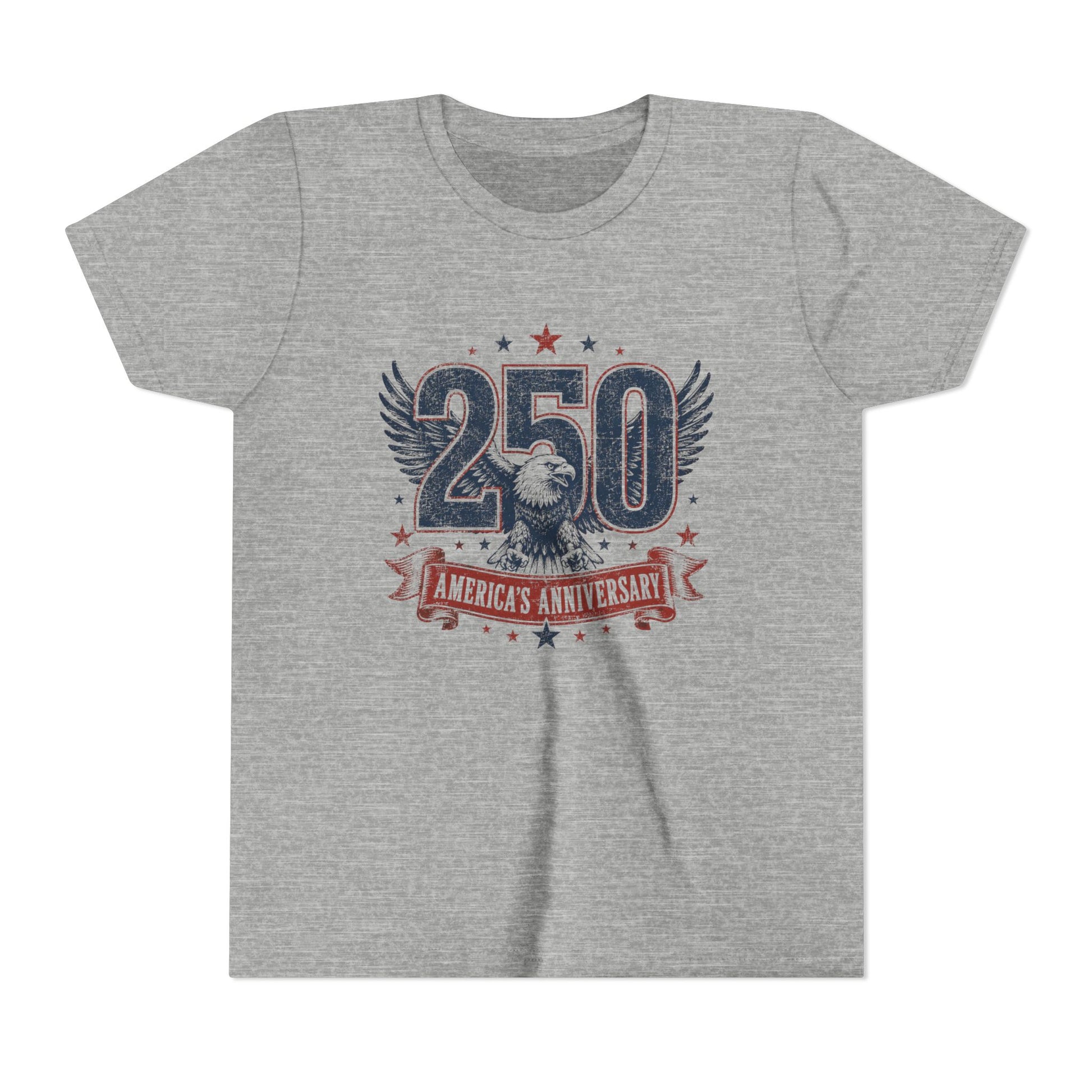 Gray t-shirt with '250 America's Anniversary' design featuring an eagle on a white background