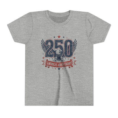 Gray t-shirt with '250 America's Anniversary' design featuring an eagle on a white background