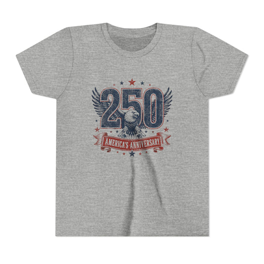 Gray t-shirt with '250 America's Anniversary' design featuring an eagle on a white background
