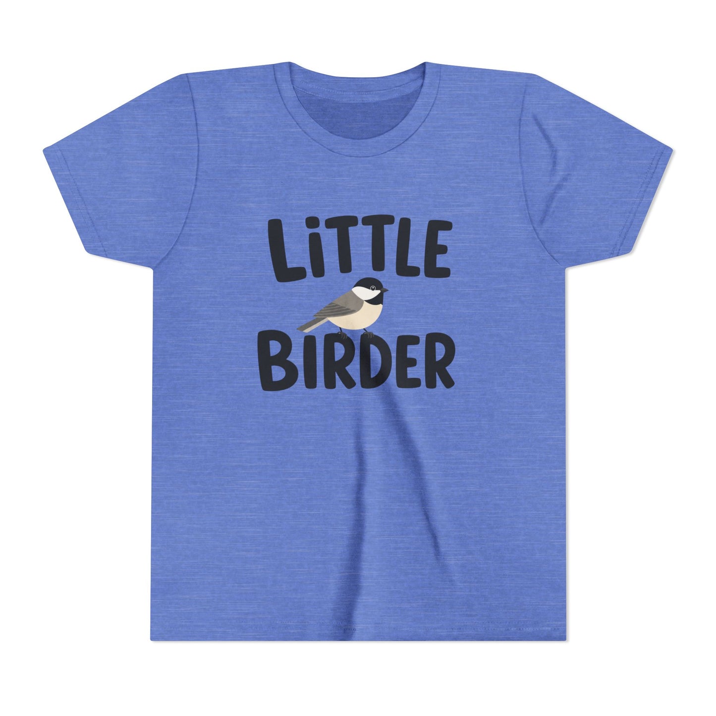 Blue t-shirt with 'Little Birder' text and a bird illustration on a white background