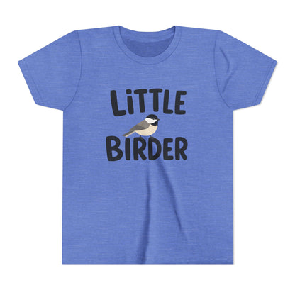 Blue t-shirt with 'Little Birder' text and a bird illustration on a white background
