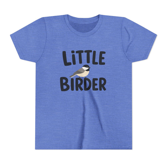Blue t-shirt with 'Little Birder' text and a bird illustration on a white background