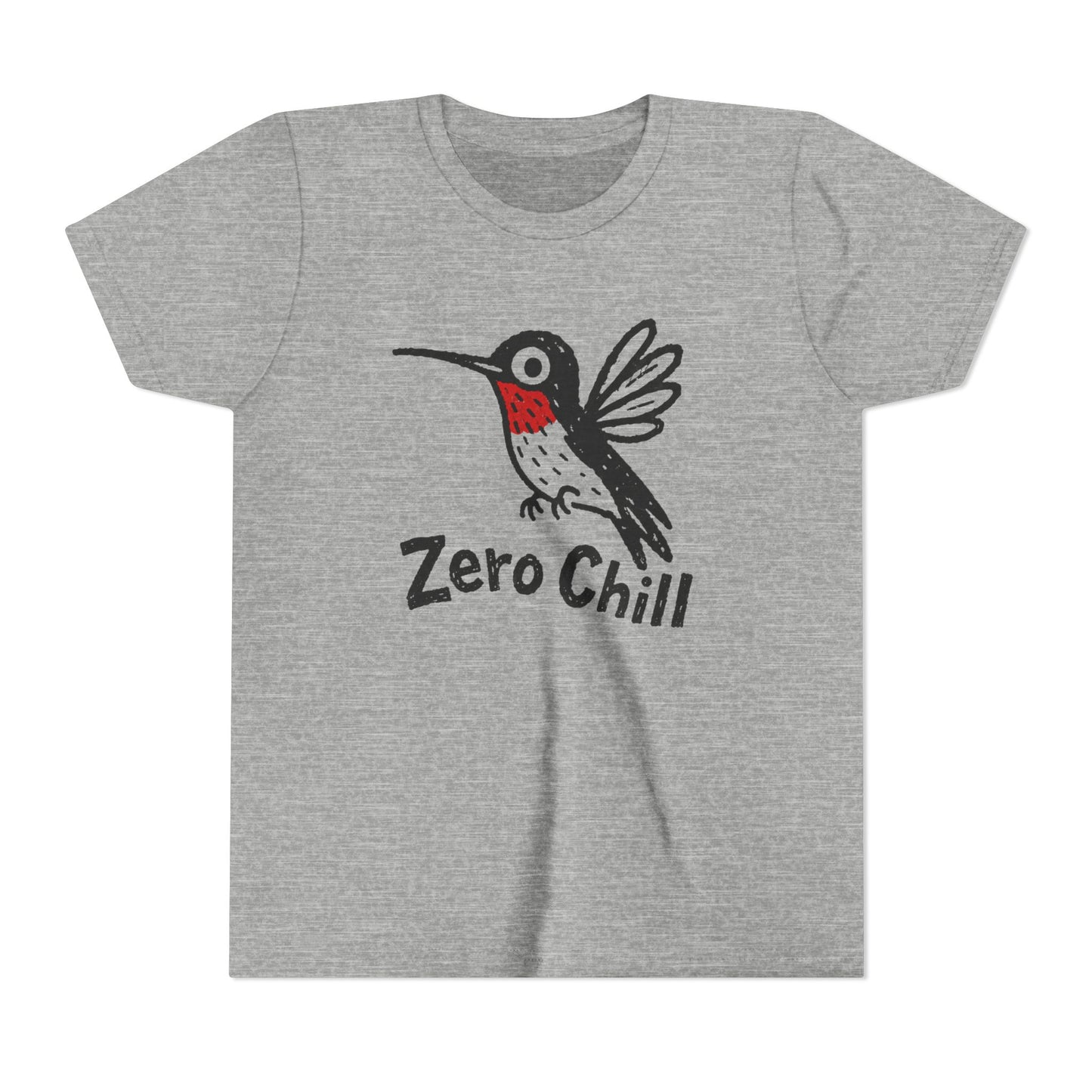 Gray t-shirt with a hummingbird graphic and 'Zero Chill' text on a white background