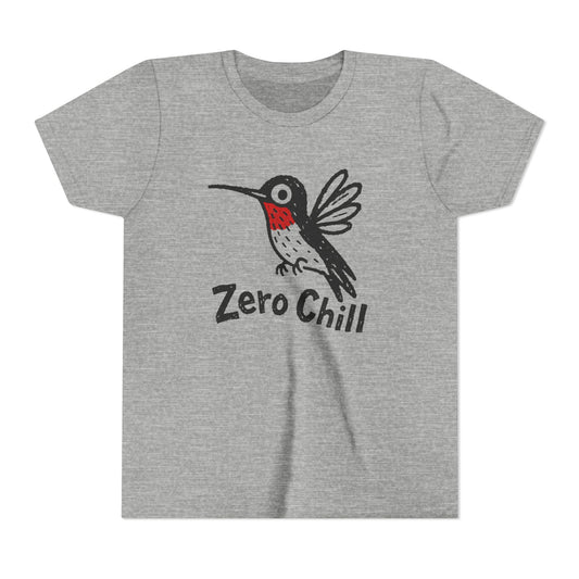 Gray t-shirt with a hummingbird graphic and 'Zero Chill' text on a white background