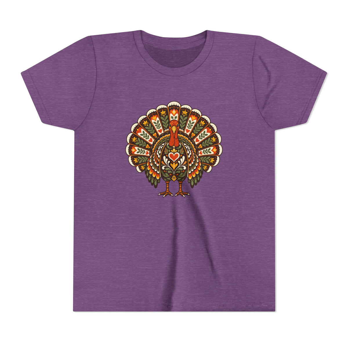 A heather purple short-sleeve t-shirt with a colorful, ornate turkey graphic printed on the chest, displayed against a solid white background.