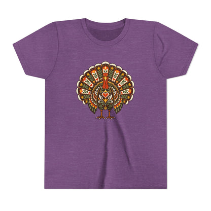 A heather purple short-sleeve t-shirt with a colorful, ornate turkey graphic printed on the chest, displayed against a solid white background.
