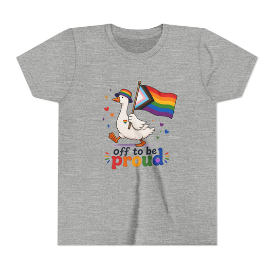 Gray t-shirt with a goose holding a rainbow flag and 'off to be proud' text on a white background