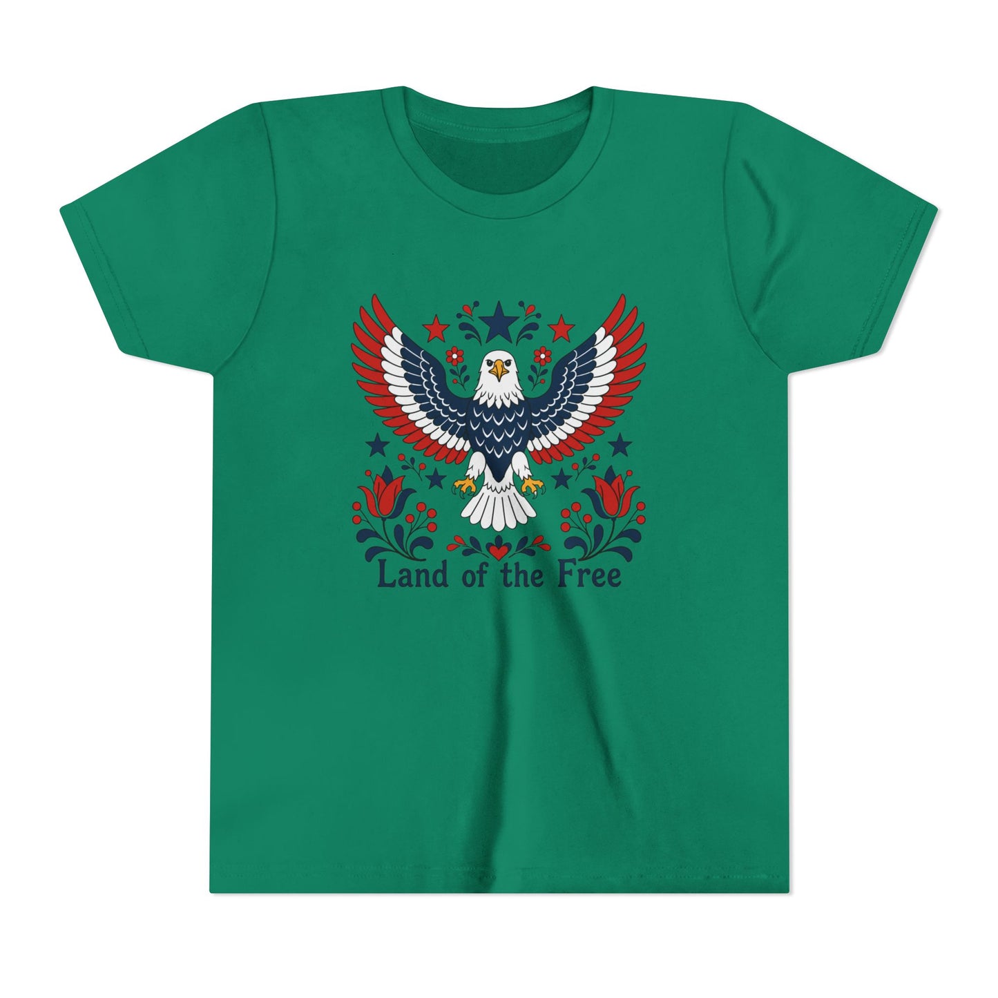 Green t-shirt with an eagle design and 'Land of the Free' text on a white background