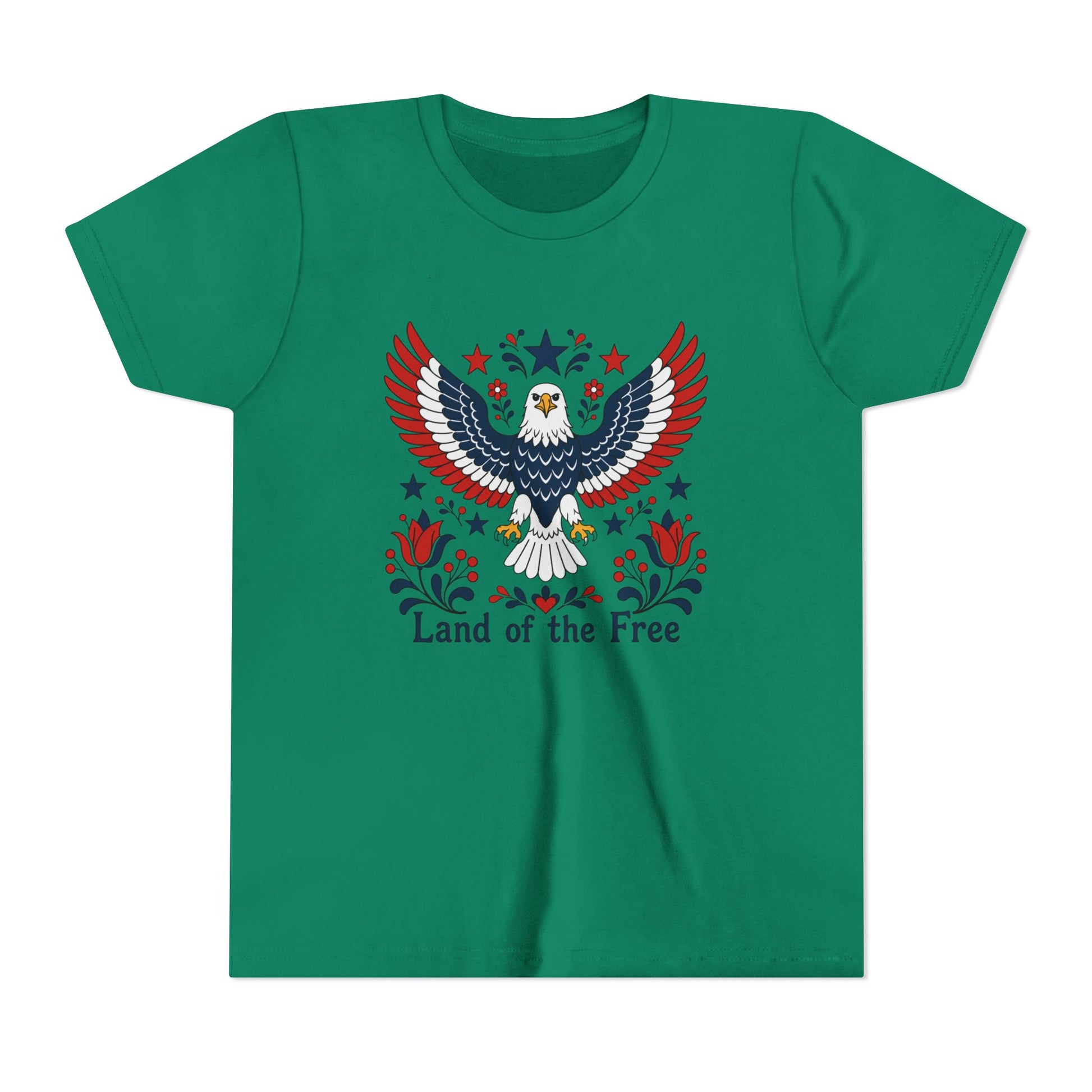 Green t-shirt with an eagle design and 'Land of the Free' text on a white background