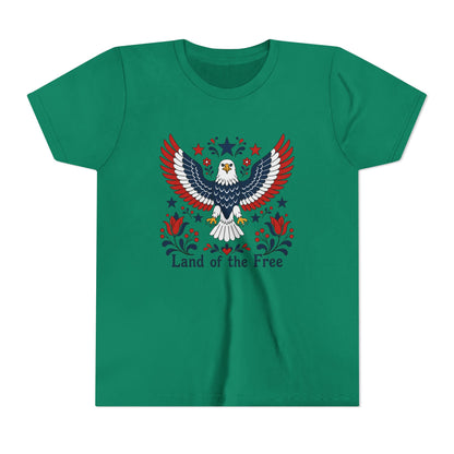 Green t-shirt with an eagle design and 'Land of the Free' text on a white background