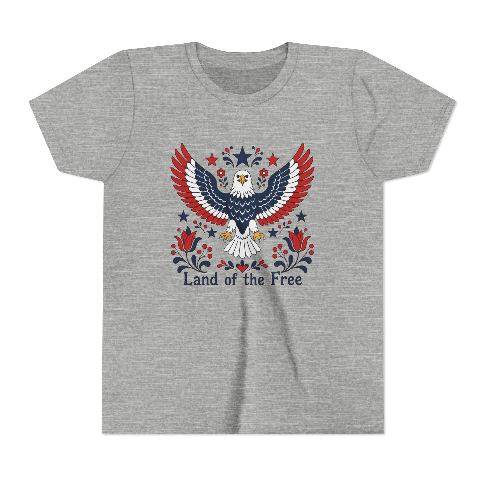 Gray t-shirt with an eagle design and 'Land of the Free' text on a white background