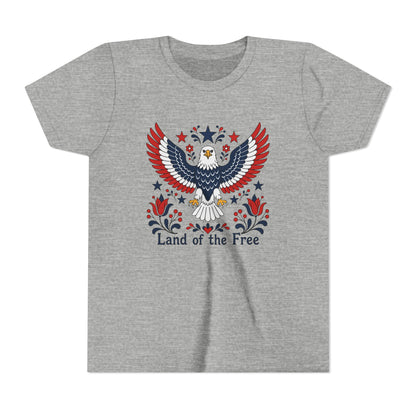 Gray t-shirt with an eagle design and 'Land of the Free' text on a white background