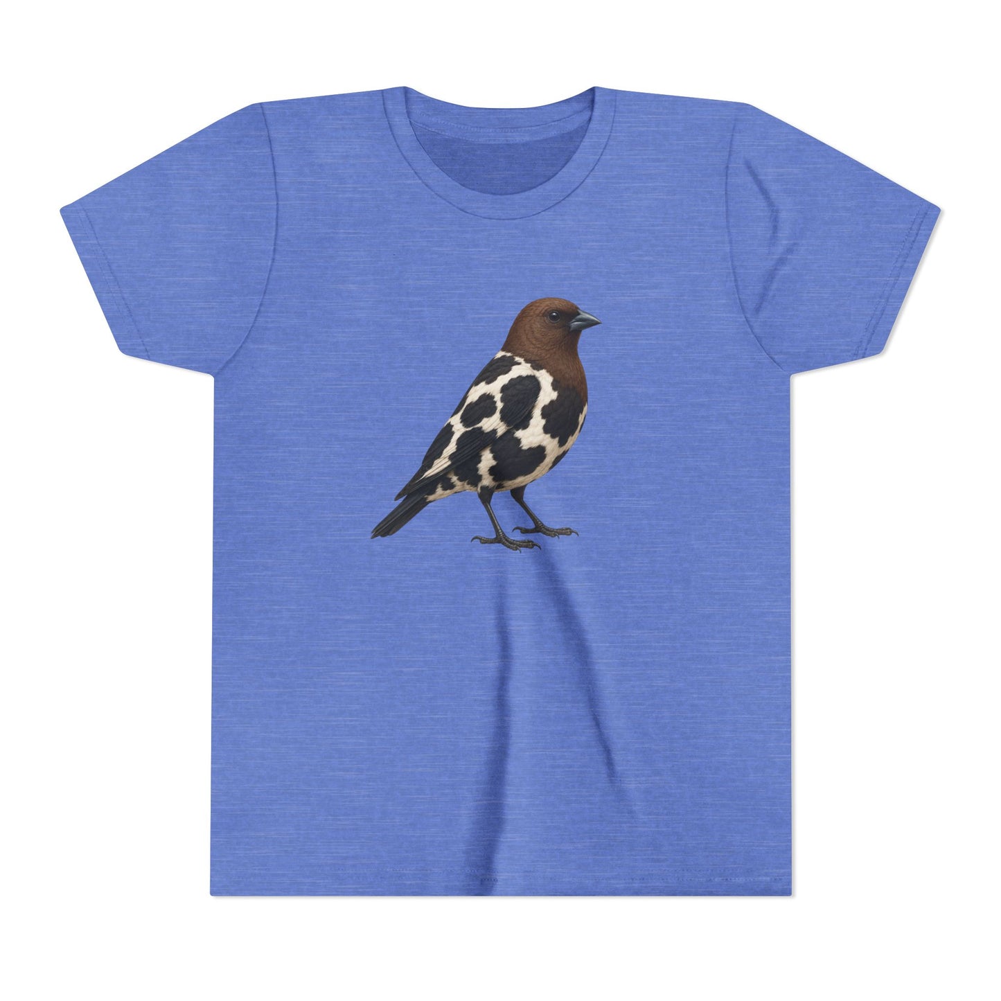 A heather blue short-sleeve crewneck t-shirt featuring a detailed graphic of a bird with brown, black, and white plumage printed on the center chest, displayed against a solid white background.