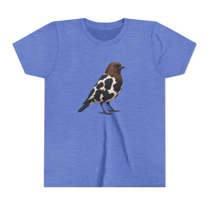 A heather blue short-sleeve crewneck t-shirt featuring a detailed graphic of a bird with brown, black, and white plumage printed on the center chest, displayed against a solid white background.