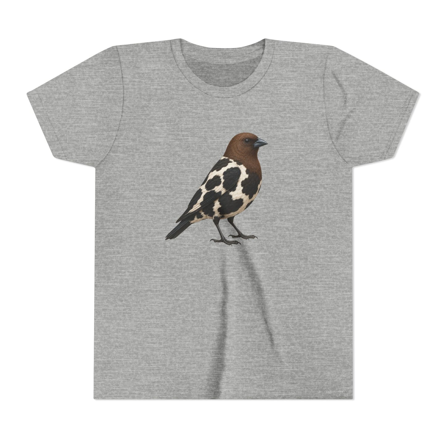 A heather gray short-sleeve crewneck t-shirt featuring a graphic print of a bird with a brown head, black and white spotted body, and dark legs, displayed on a clean white background.