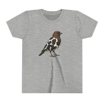 A heather gray short-sleeve crewneck t-shirt featuring a graphic print of a bird with a brown head, black and white spotted body, and dark legs, displayed on a clean white background.