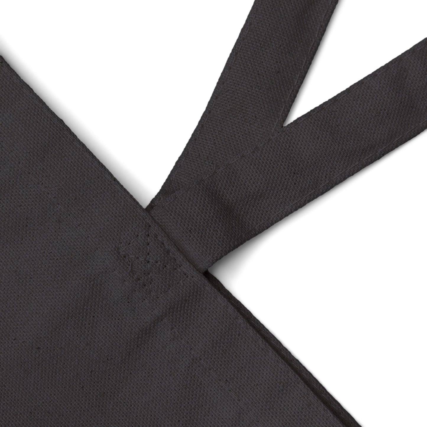 Black canvas tote bag fabric with a subtle pattern on a white background