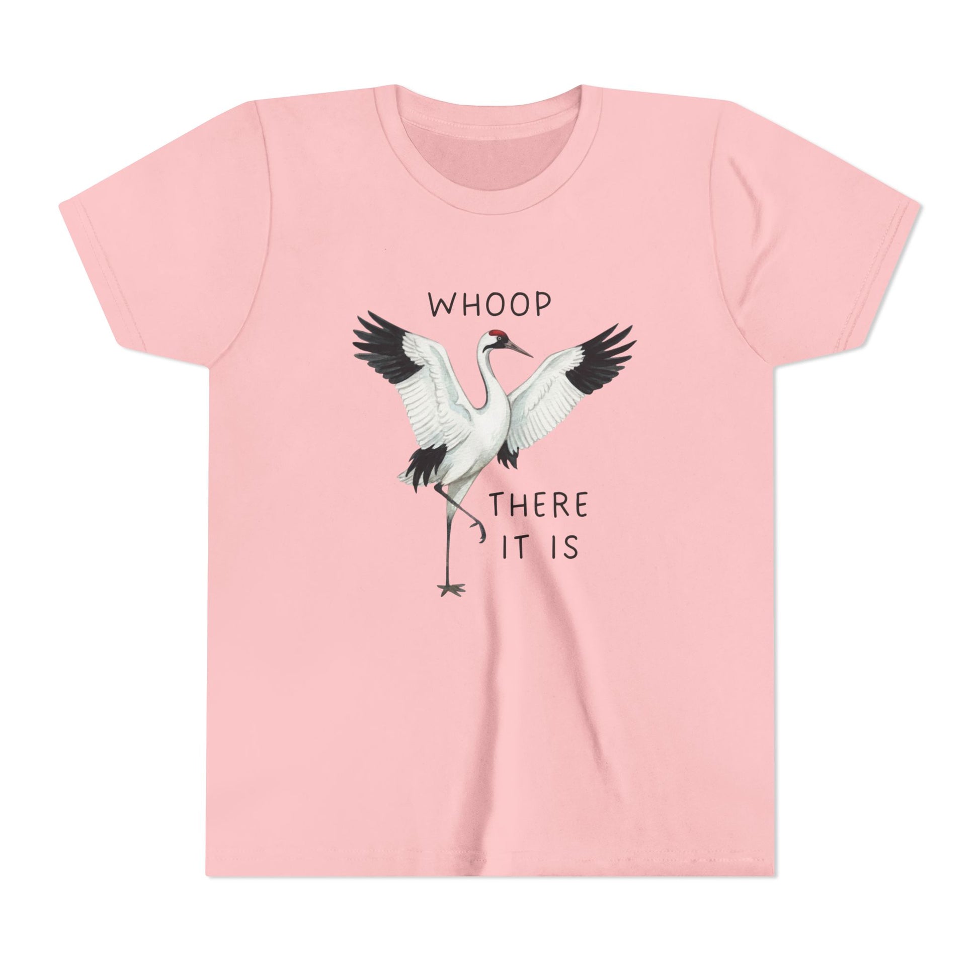 Pink t-shirt with a crane graphic and text on a white background