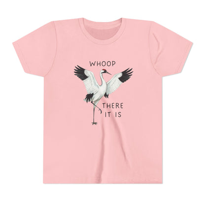 Pink t-shirt with a crane graphic and text on a white background