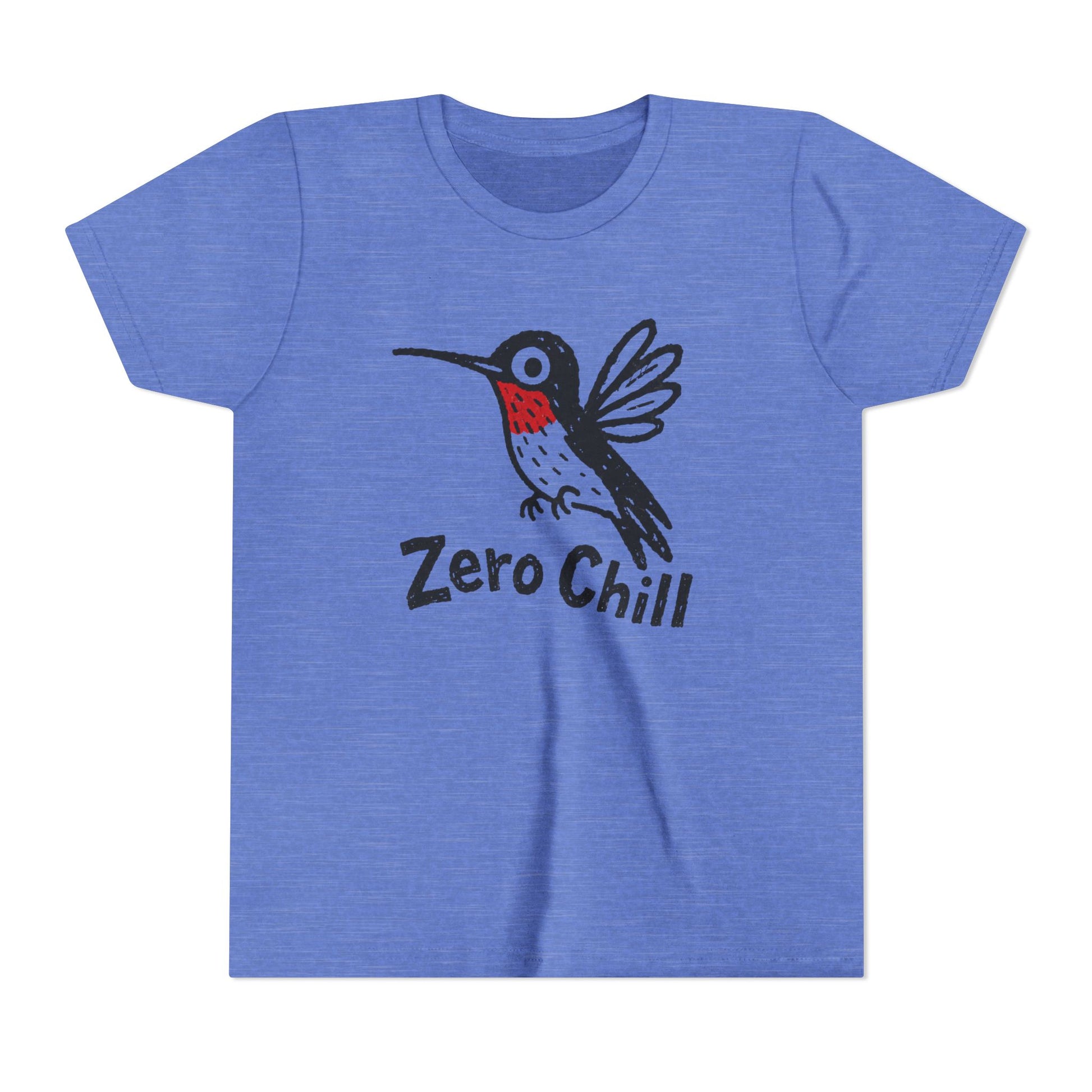 Blue t-shirt with a hummingbird graphic and 'Zero Chill' text on a white background