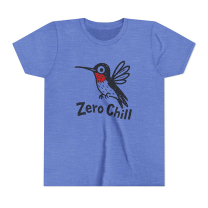 Blue t-shirt with a hummingbird graphic and 'Zero Chill' text on a white background