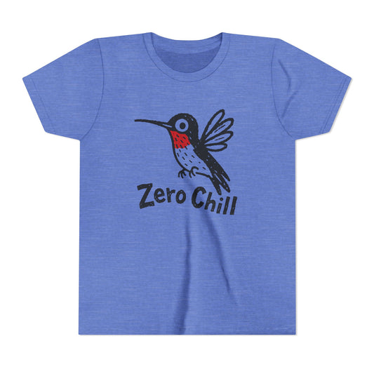 Blue t-shirt with a hummingbird graphic and 'Zero Chill' text on a white background