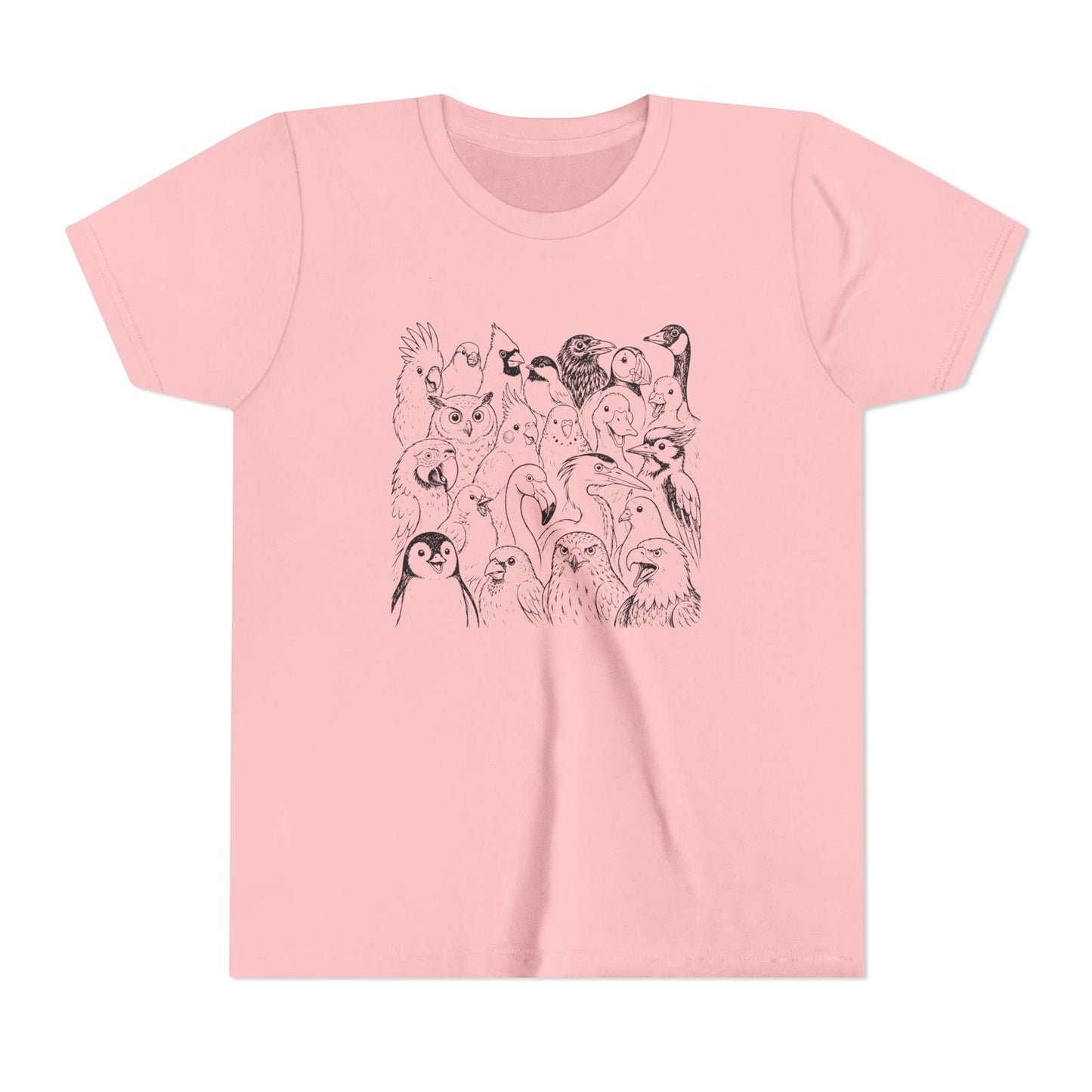 A light pink short-sleeve crewneck t-shirt featuring a black line art graphic of various cartoon animals and birds on the front chest, displayed against a clean white background.