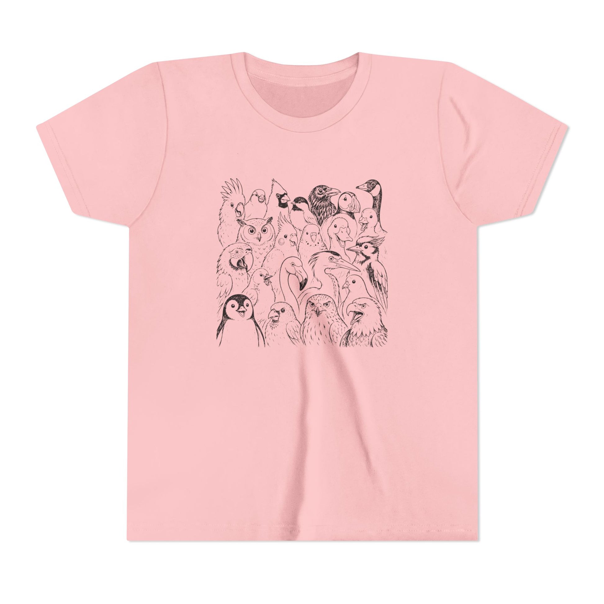 A light pink short-sleeve crewneck t-shirt featuring a black line art graphic of various cartoon animals and birds on the front chest, displayed against a clean white background.