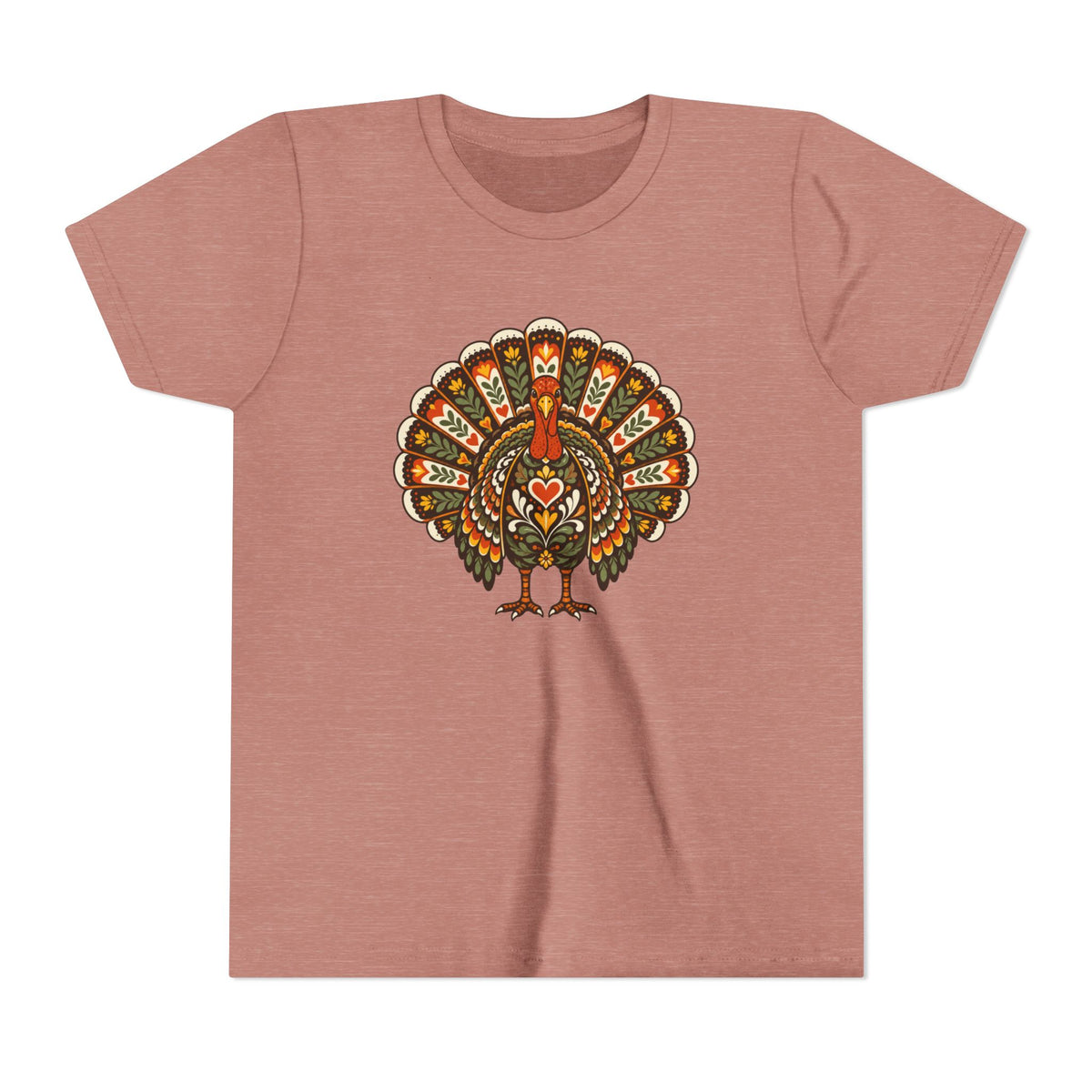 A heathered dusty rose short-sleeve t-shirt featuring a graphic of a turkey on the chest, shown against a plain white background.