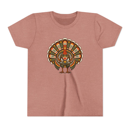 A heathered dusty rose short-sleeve t-shirt featuring a graphic of a turkey on the chest, shown against a plain white background.