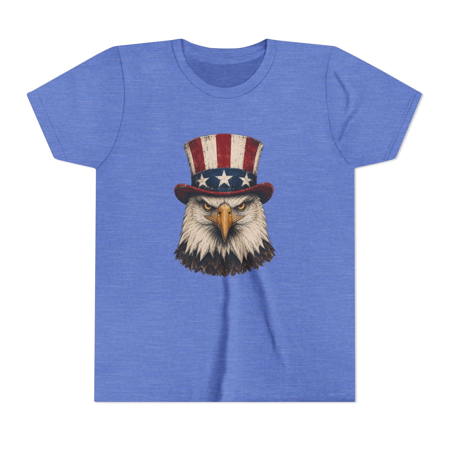 Blue t-shirt with an eagle wearing a top hat on a white background