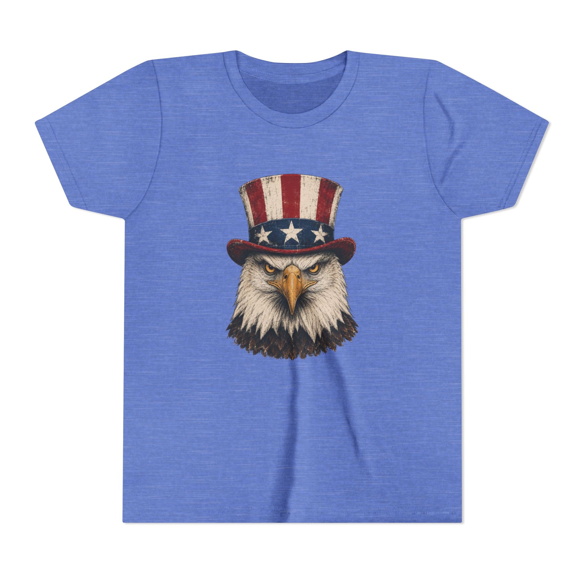 Blue t-shirt with an eagle wearing a top hat on a white background
