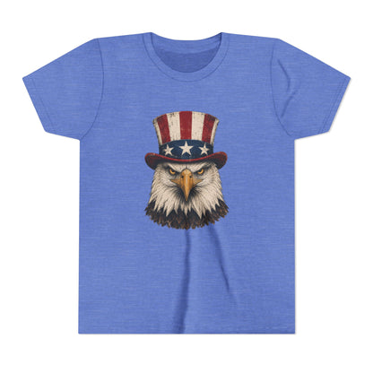 Blue t-shirt with an eagle wearing a top hat on a white background