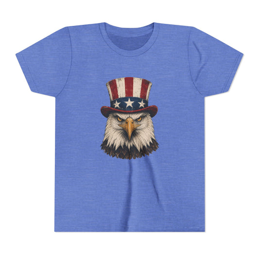 Blue t-shirt with an eagle wearing a top hat on a white background