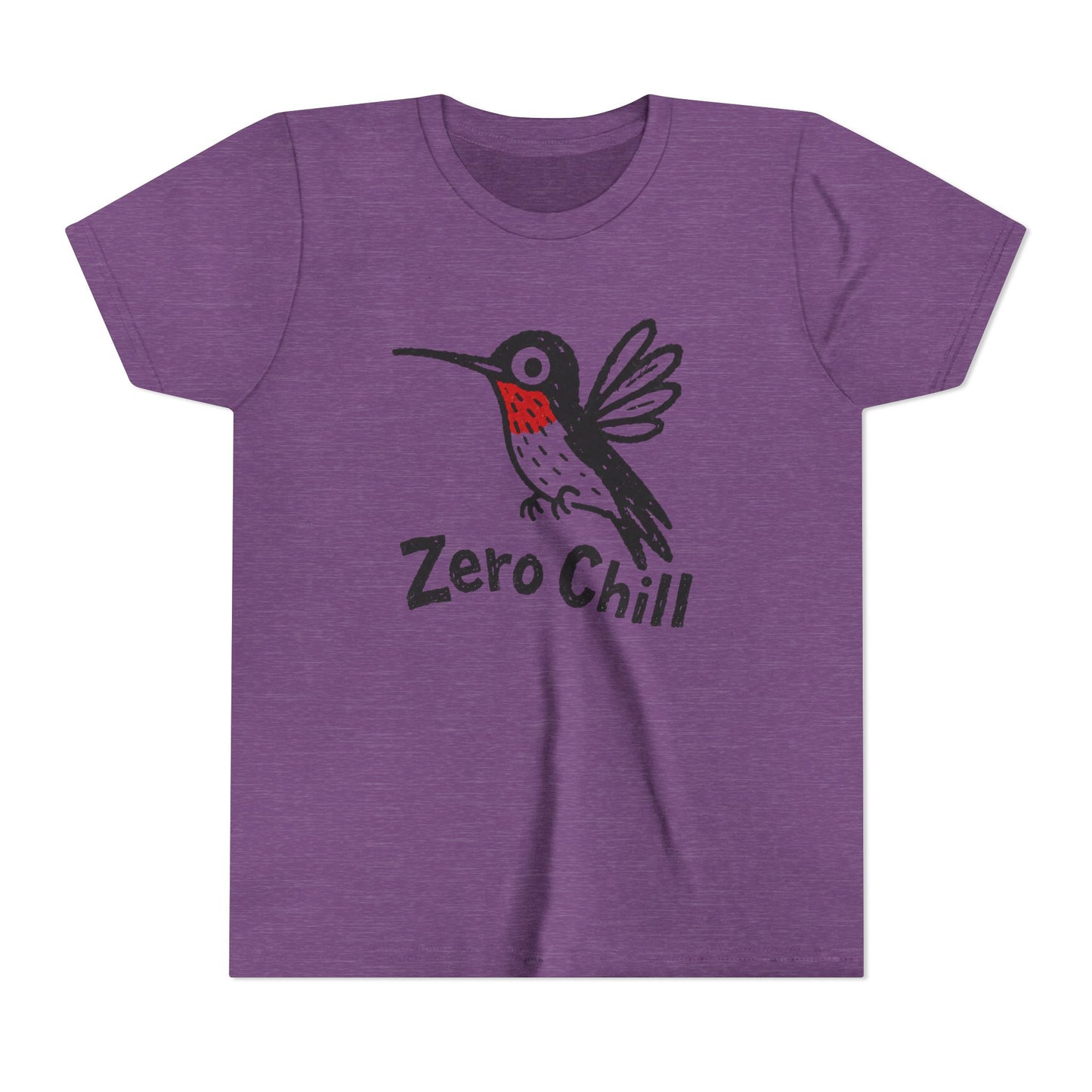 Purple t-shirt with a hummingbird graphic and 'Zero Chill' text on a white background